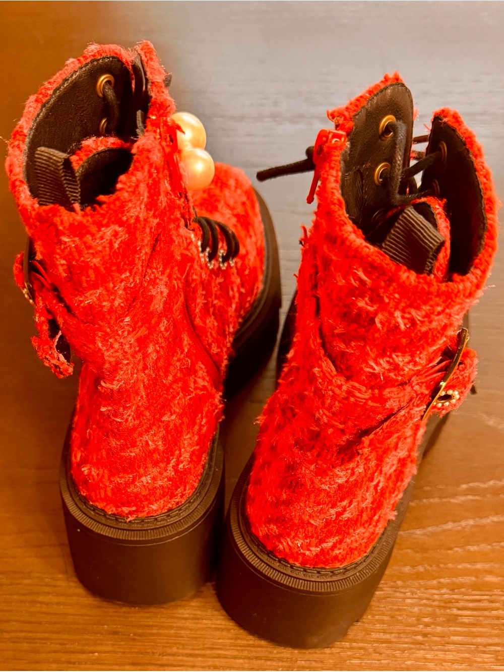 Betsey Johnson Jonnie Fuchsia Tweed Pearl Combat Boots Size 7.5 - Picture 3 of 12